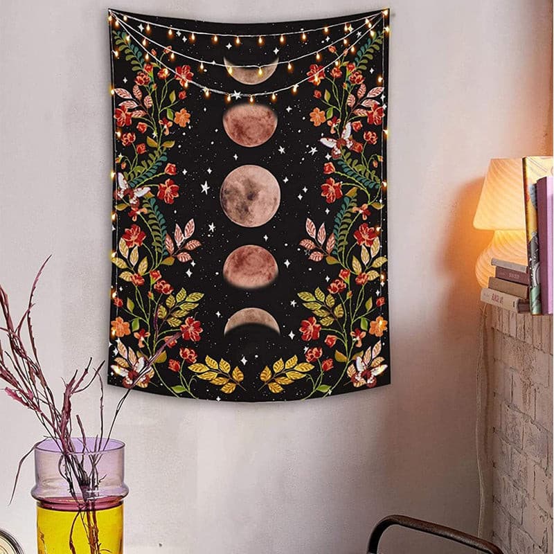 Moon Phase Surrounded by Vines and Flowers.
