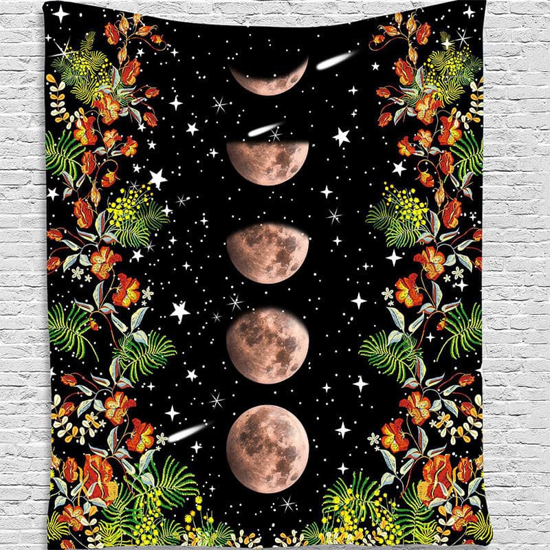 Moon Phase Surrounded by Vines and Flowers.