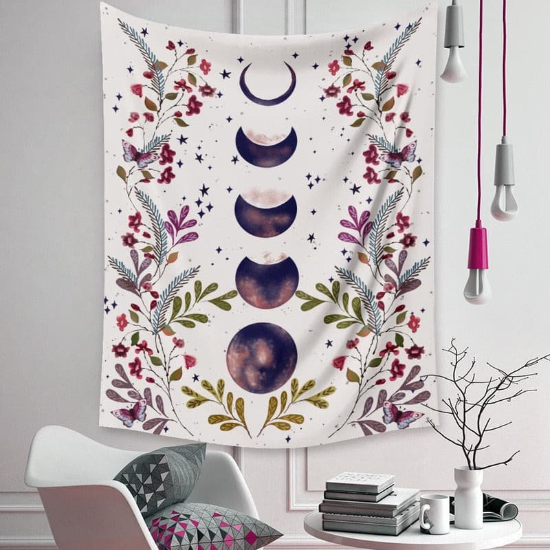 Moon Phase Surrounded by Vines and Flowers.